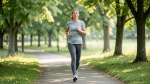 Une femme d’âge mûr reprend doucement la course sur un chemin verdoyant, avec une respiration calme et une allure détendue.