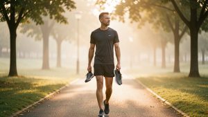 Un homme adulte en tenue de course sobre marche sur un chemin de parc au lever du jour en tenant ses chaussures de running à la main, dans une ambiance calme et réaliste.