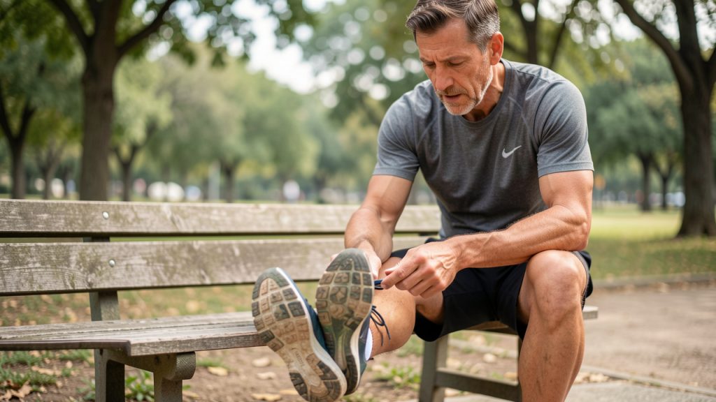 Coureur amateur assis sur un banc examinant la semelle usée de sa chaussure de running à la lumière naturelle.