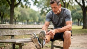 Coureur amateur assis sur un banc examinant la semelle usée de sa chaussure de running à la lumière naturelle.