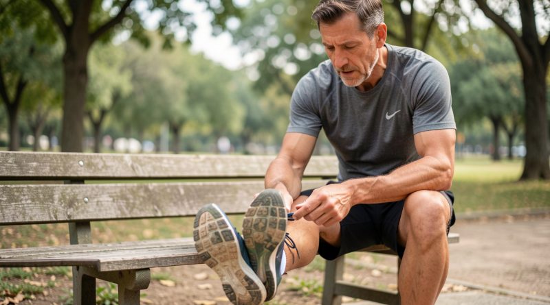 Coureur amateur assis sur un banc examinant la semelle usée de sa chaussure de running à la lumière naturelle.
